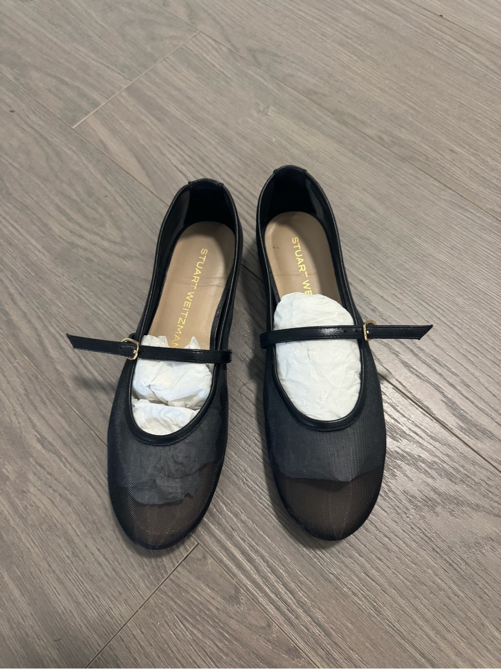 Stuart Weitzman Bare It All Mesh & Leather Flats 6 Black